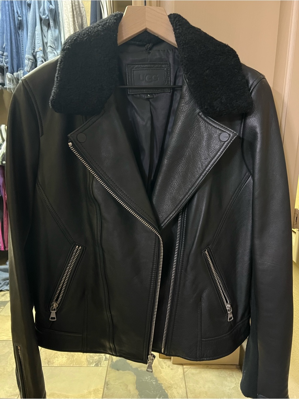UGG Black Leather Biker Jacket with Shearling Collar